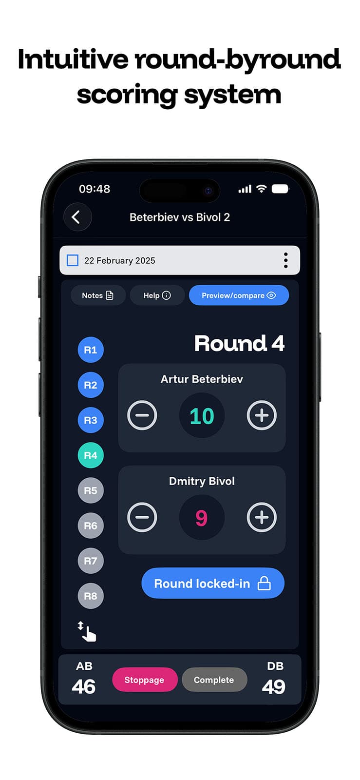 Scoring a fight with the app